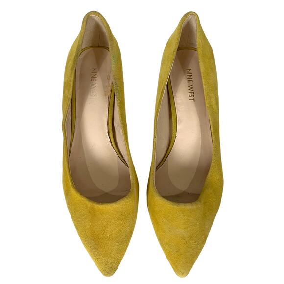Nine West Heels Women’s 7.5 Xeena Yellow Suede Kitten Pumps Pointy Toe Slip On - Picture 6 of 16